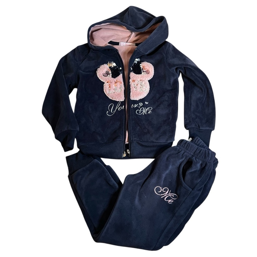 Lady Moda| Girls Blue Velour Hooded Sweatershirt and Joggers Set - Size 4 years